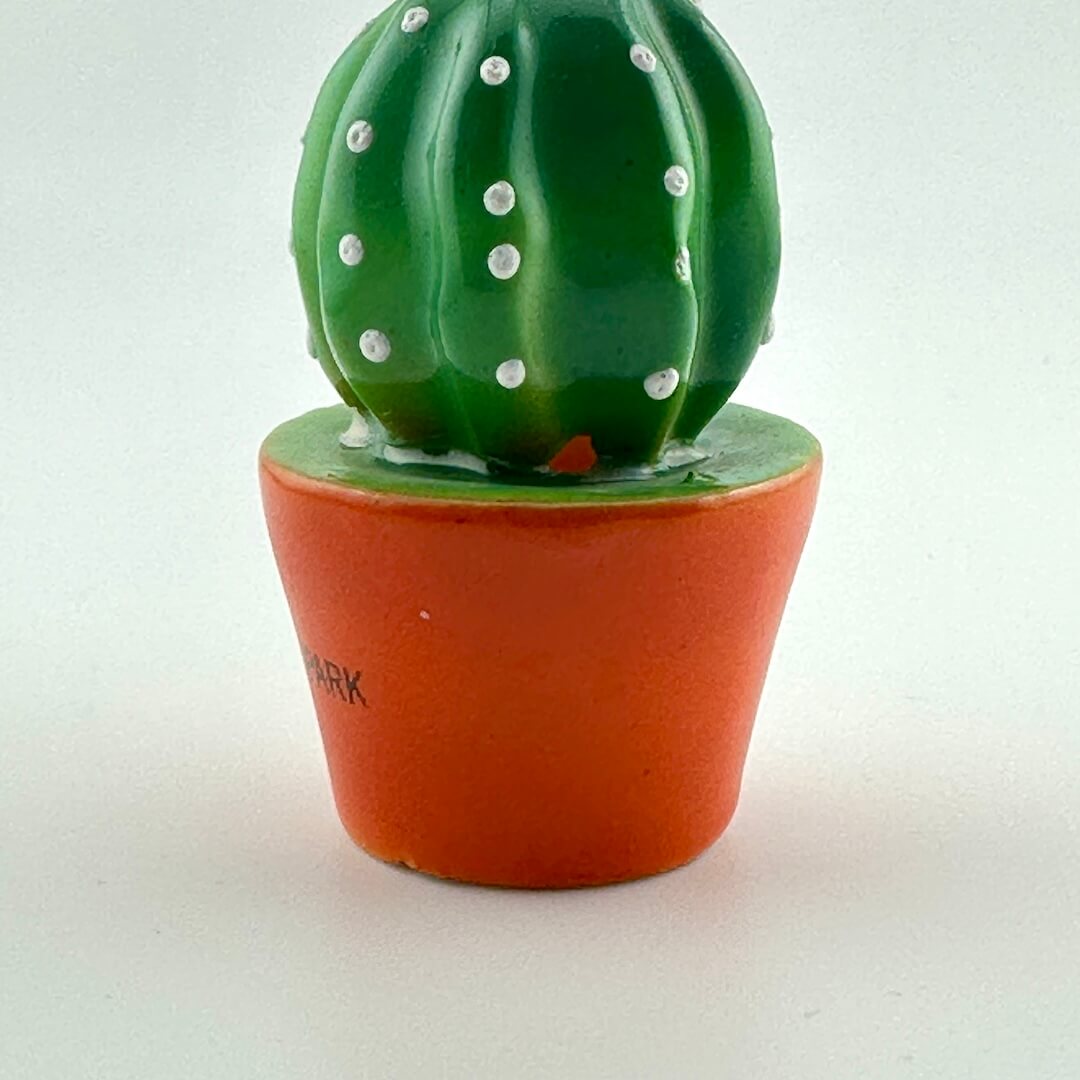 Small green cactus in an orange pot on a white background. Close up of small hole where cactus joins pot.