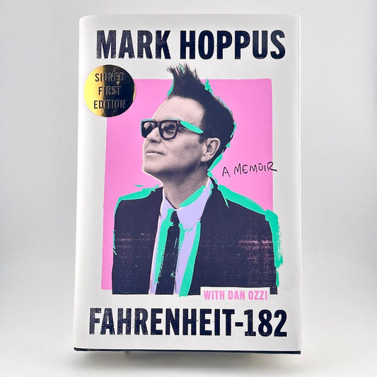 Book cover of 'Fahrenheit-182' by Mark Hoppus with a stylized portrait on a pink background.