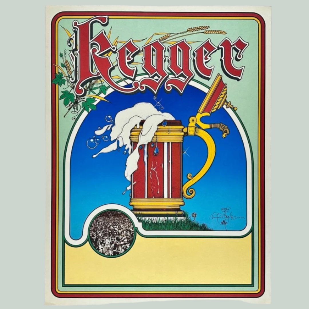 Red beer mug with fading blue background. Kegger appears at the top in red. Light green background with red and yellow border.