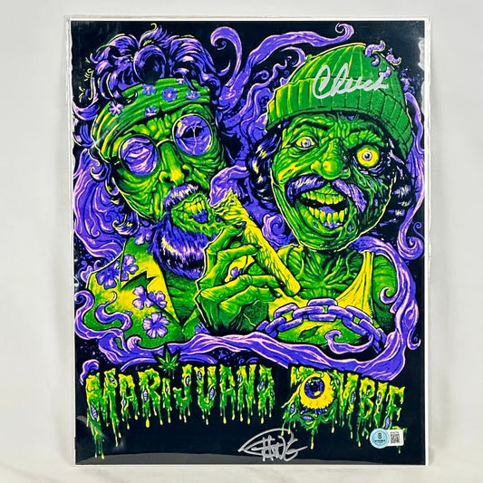 Colorful poster of two green characters with purple accents on a black background