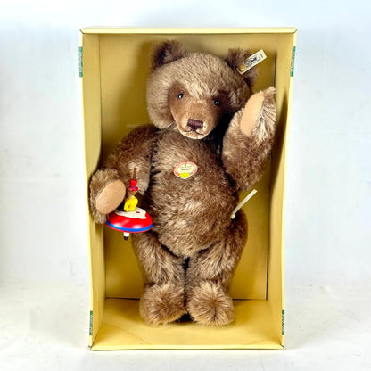 Vintage teddy bear in cream colored box on white background. 