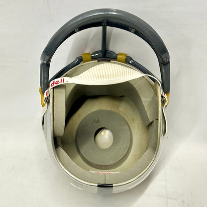 Inside of silver football helmet with gray faceguard and padding inside. 