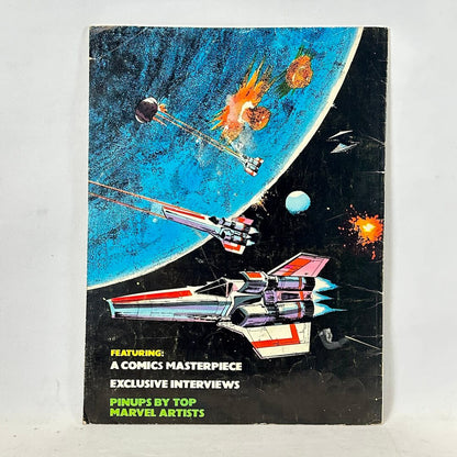 Vintage comic book back cover featuring space-themed artwork with multiple futuristic spacecraft.