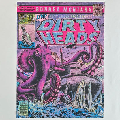 Dirty Heads poster featuring a large octopus riding a submarine with comic book style, bold 'Dirty Heads in Bonner, Montana. Live' text.