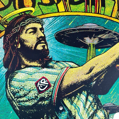 Poster designed like baseball card with Jesus swinging a cross-shaped bat, UFO's attacking in the background, & a burning church