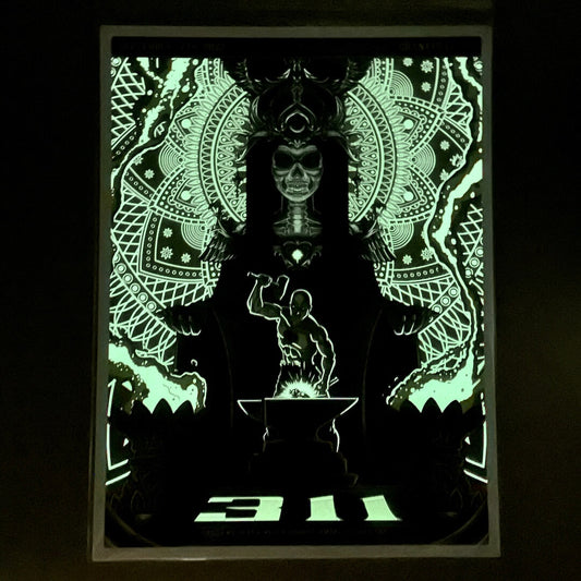 Glowing neon design with abstract patterns and a central figure on a black background