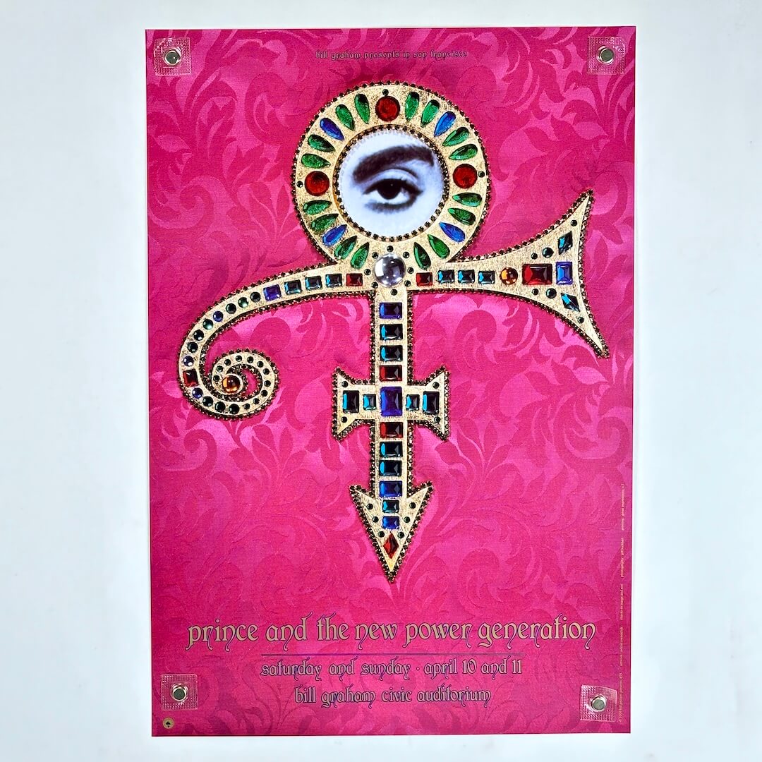 Poster with a colorful symbol on a pink background