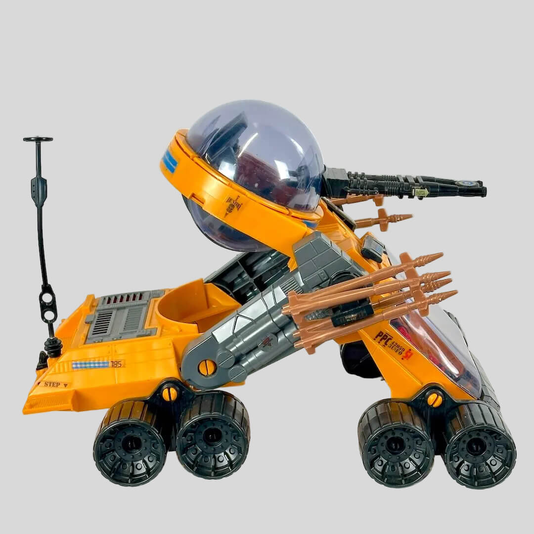 Toy vehicle with a space-themed design on a white background