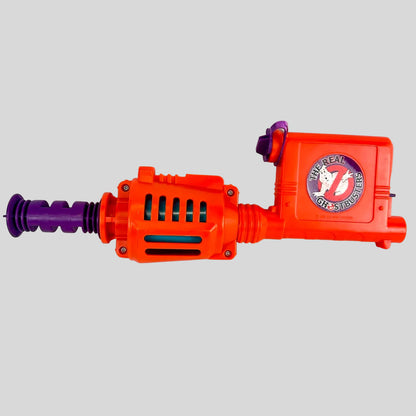 Orange and purple toy blaster with a logo on a white background