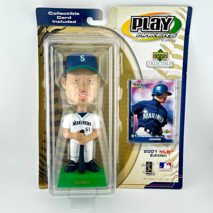 Baseball bobblehead figure with a trading card in packaging, featuring the Seattle Mariners uniform.
