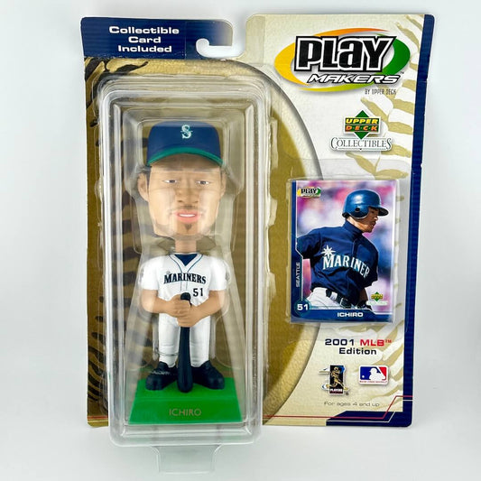 Baseball bobblehead figure with a trading card in packaging, featuring the Seattle Mariners uniform.