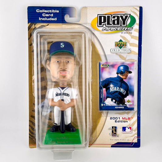 Baseball bobblehead figure in packaging with a collectible card, featuring the Seattle Mariners.