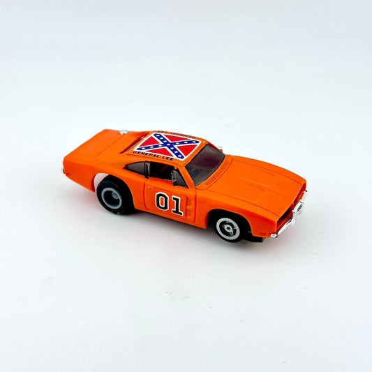 Orange model car with a Confederate flag design on a white background