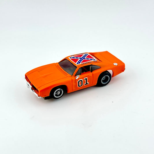 Orange model car with a Confederate flag design on a white background