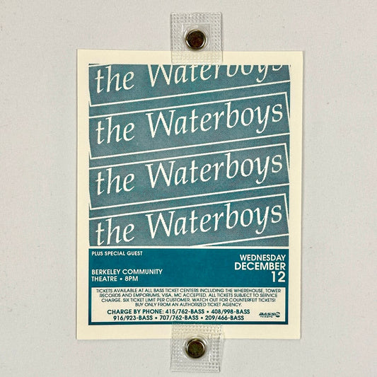 Poster for 'the Waterboys' event with blue and white design on a gray background