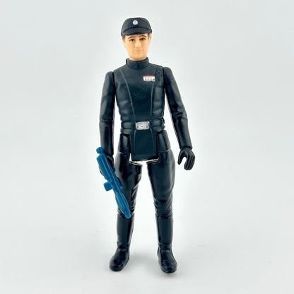 Action figure in black costume with blue weapon on a white background