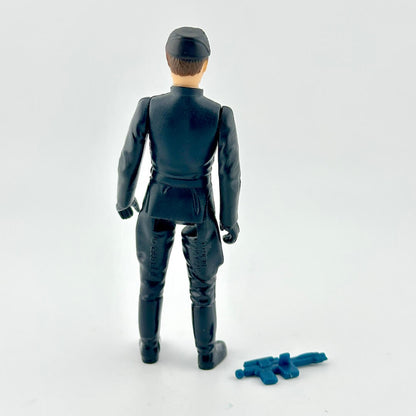 Action figure in blue suit with blue weapon on white background. 