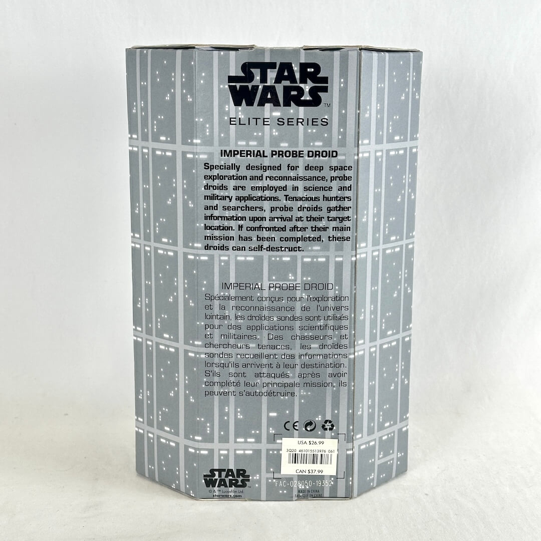 Star Wars Elite Series Imperial Probe Droid toy packaging box, showing the back panel with product details,&  barcode.