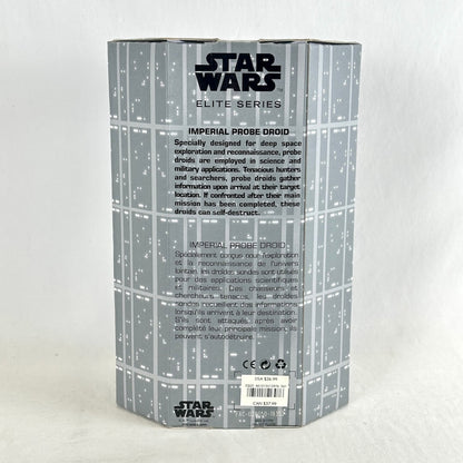 Star Wars Elite Series Imperial Probe Droid toy packaging box, showing the back panel with product details,&  barcode.