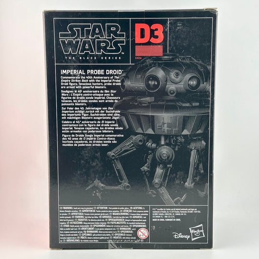 Star Wars The Black Series D3 Imperial Probe Droid action figure box back, showing product details.