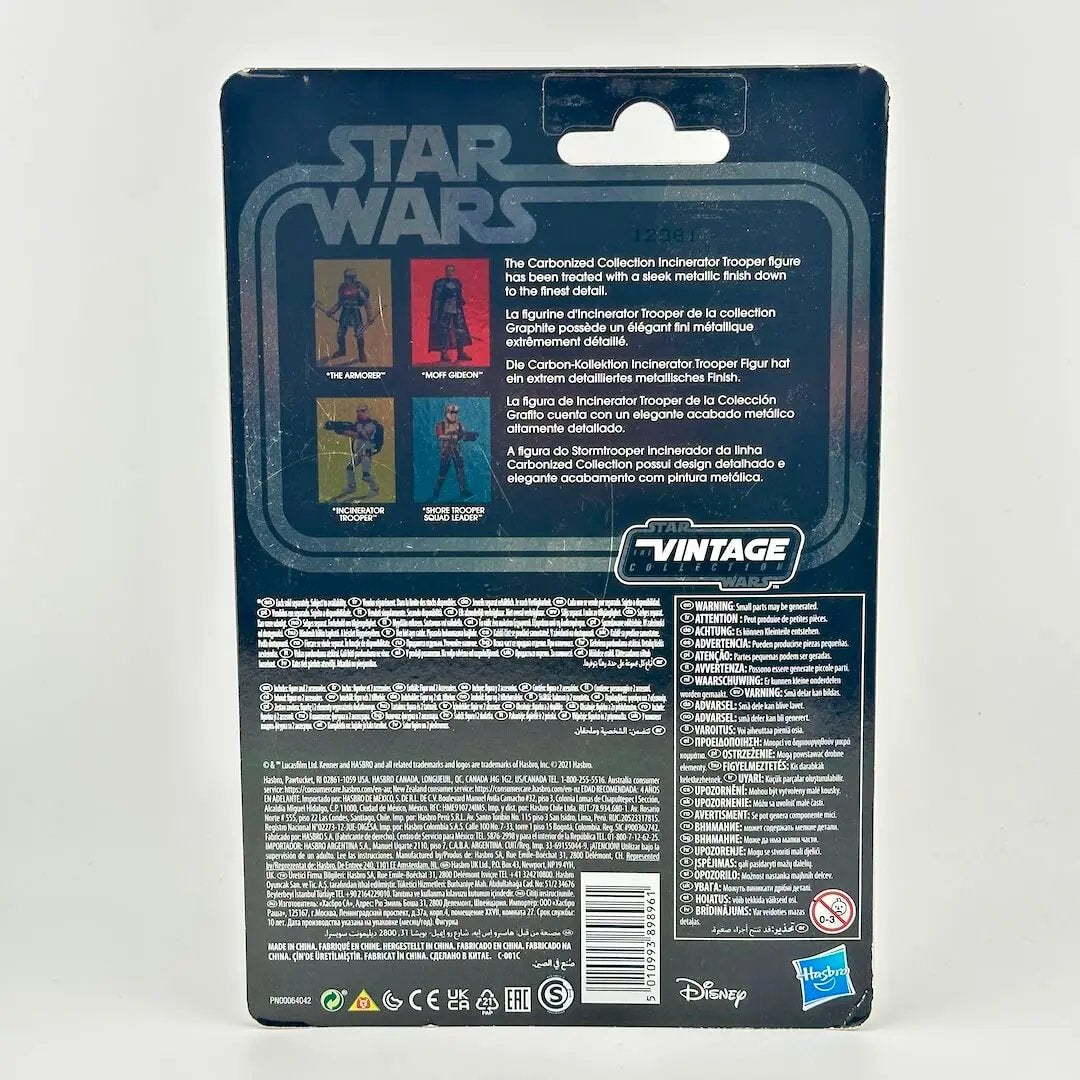 Back of a Star Wars action figure packaging featuring product details and images of other available figures. 