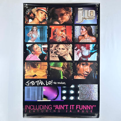 Collage of J.Lo with text and album cover design on a light gray background