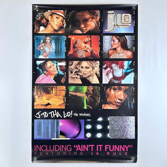 Collage of J.Lo with text and album cover design on a light gray background