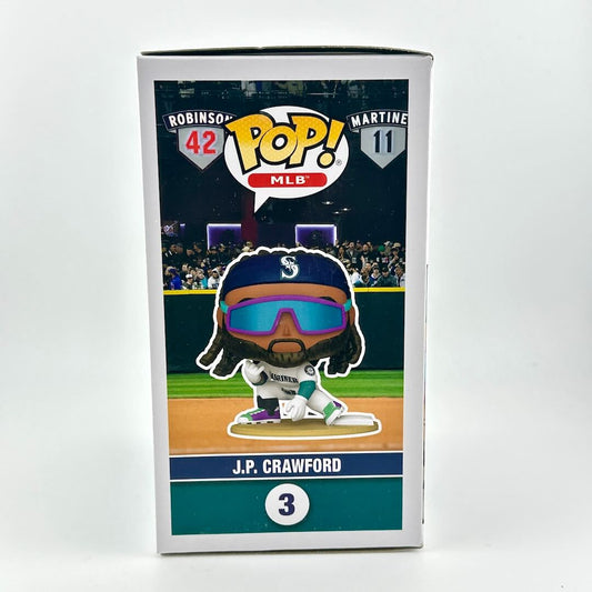Pop! Vinyl packaging featuring a baseball player figure with a colorful helmet and sunglasses.