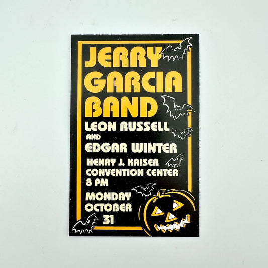 Halloween-themed concert ticket for Jerry Garcia Band featuring pumpkins and bats.