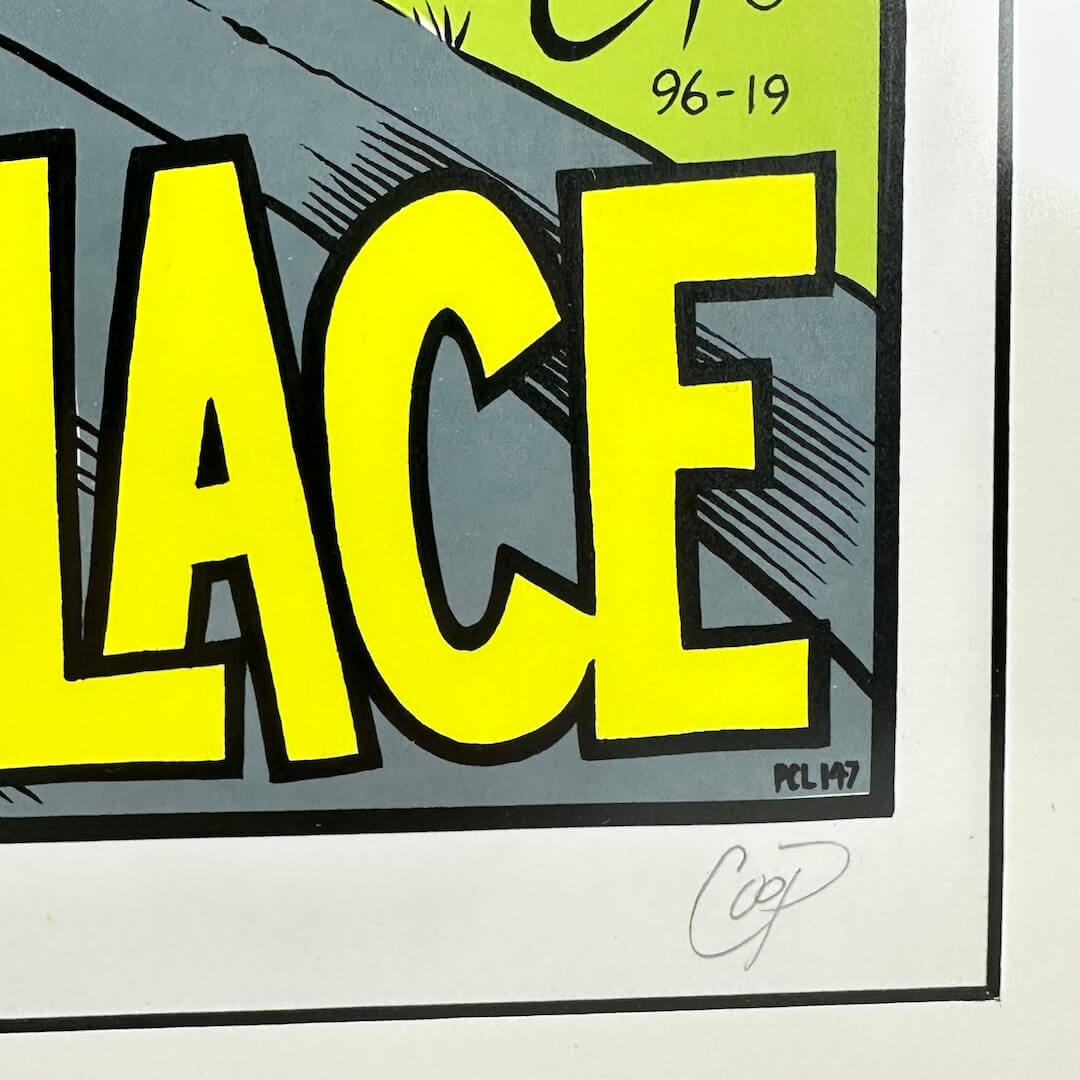 Close-up of a graphic with large yellow letters spelling 'PALACE' on a gray background, featuring the artist's signature.