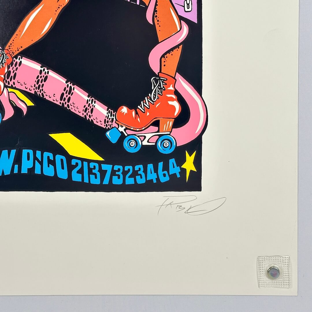 Bottom right corner of poster showing crisp edges and corner. Features artist signature.