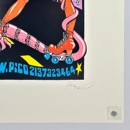 Bottom right corner of poster showing crisp edges and corner. Features artist signature.