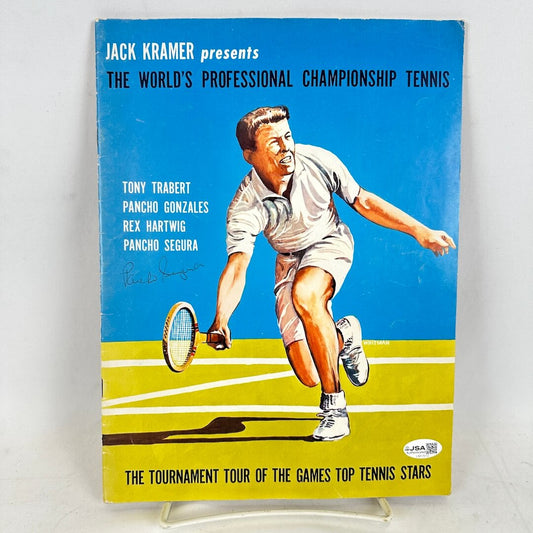 Vintage program for Jack Kramer's professional tennis championship featuring a tennis player on a blue and yellow background.
