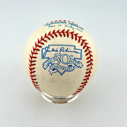 A commemorative baseball for Jackie Robinson, celebrating his 50th anniversary.