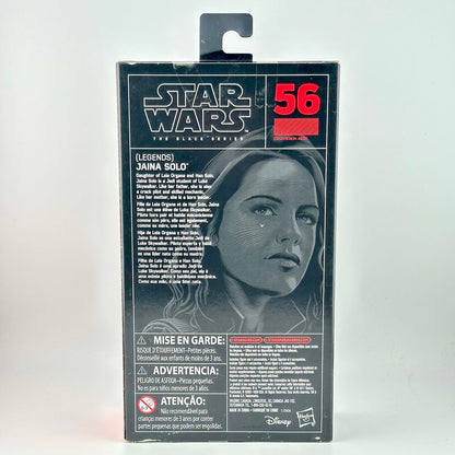 Star Wars The Black Series 56 Jaina Solo action figure box back, featuring a black and white portrait of Jaina Solo.