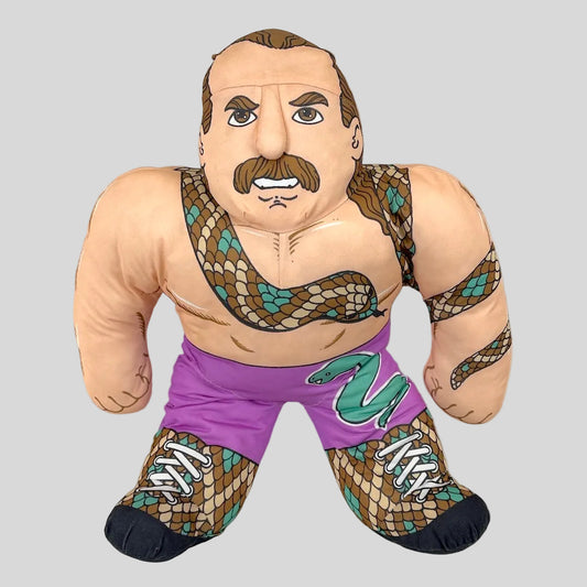 Plush toy resembling a muscular character with snake-themed design on a white background