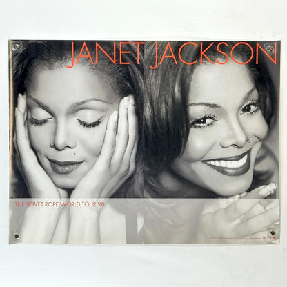 Janet Jackson poster with black and white photo of a woman and text 'Janet Jackson' and 'The Velvet Rope World Tour 98'.