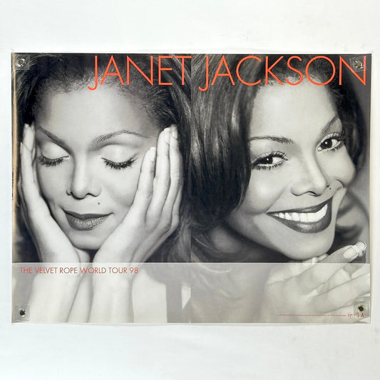 Janet Jackson poster with black and white photo of a woman and text 'Janet Jackson' and 'The Velvet Rope World Tour 98'.