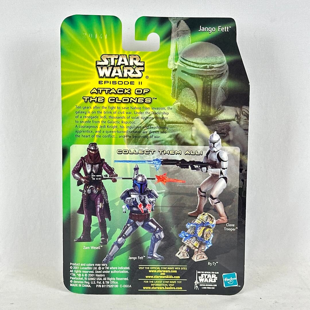 Star Wars action figure packaging featuring Jango Fett, Zaboose, and Clone Trooper on a white background.