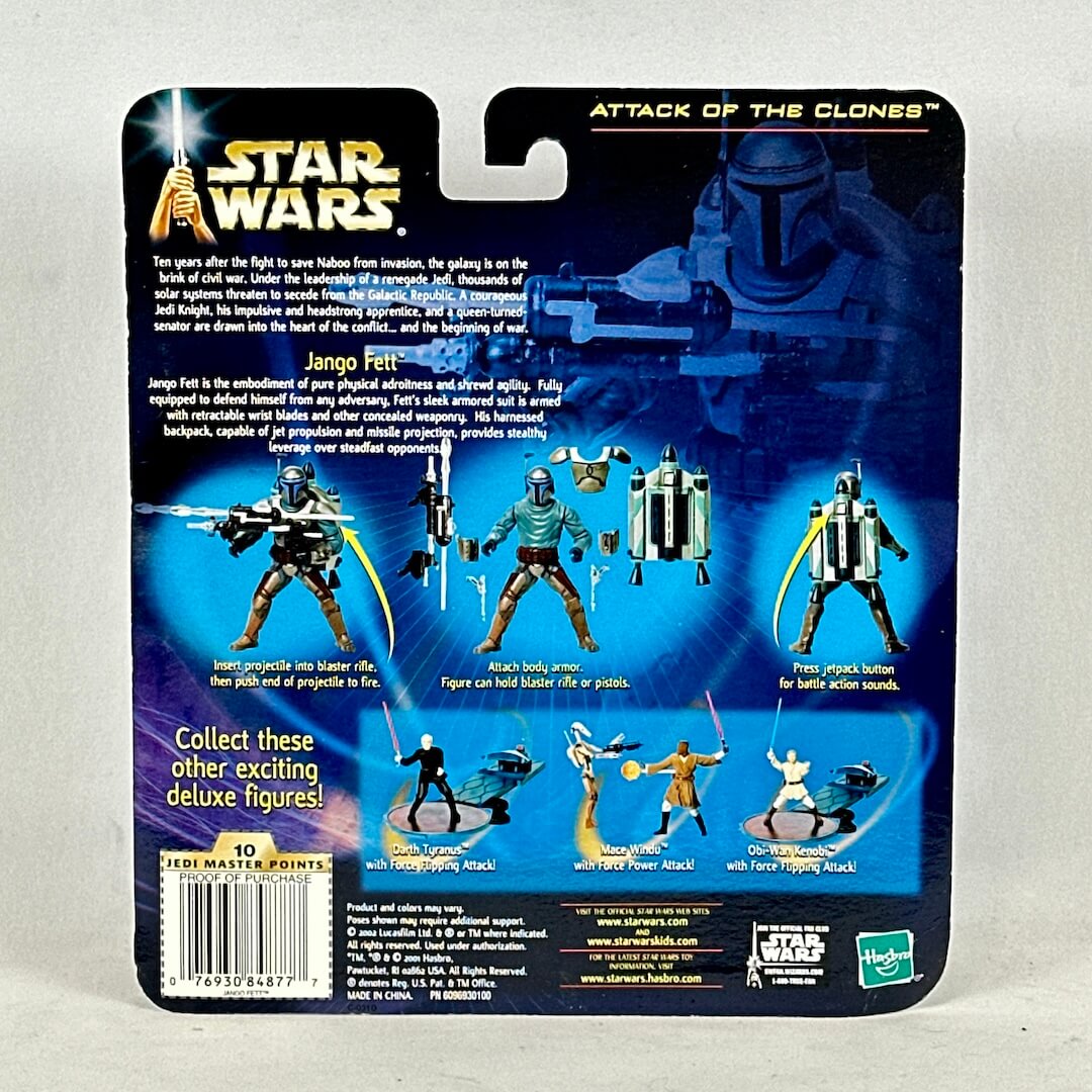 Star Wars Jango Fett action figure packaging with character illustrations and text on a white background