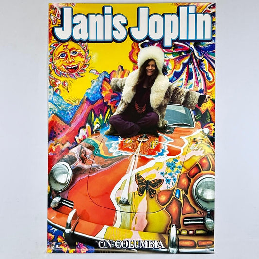 Colorful poster of Janis Joplin with psychedelic design elements.