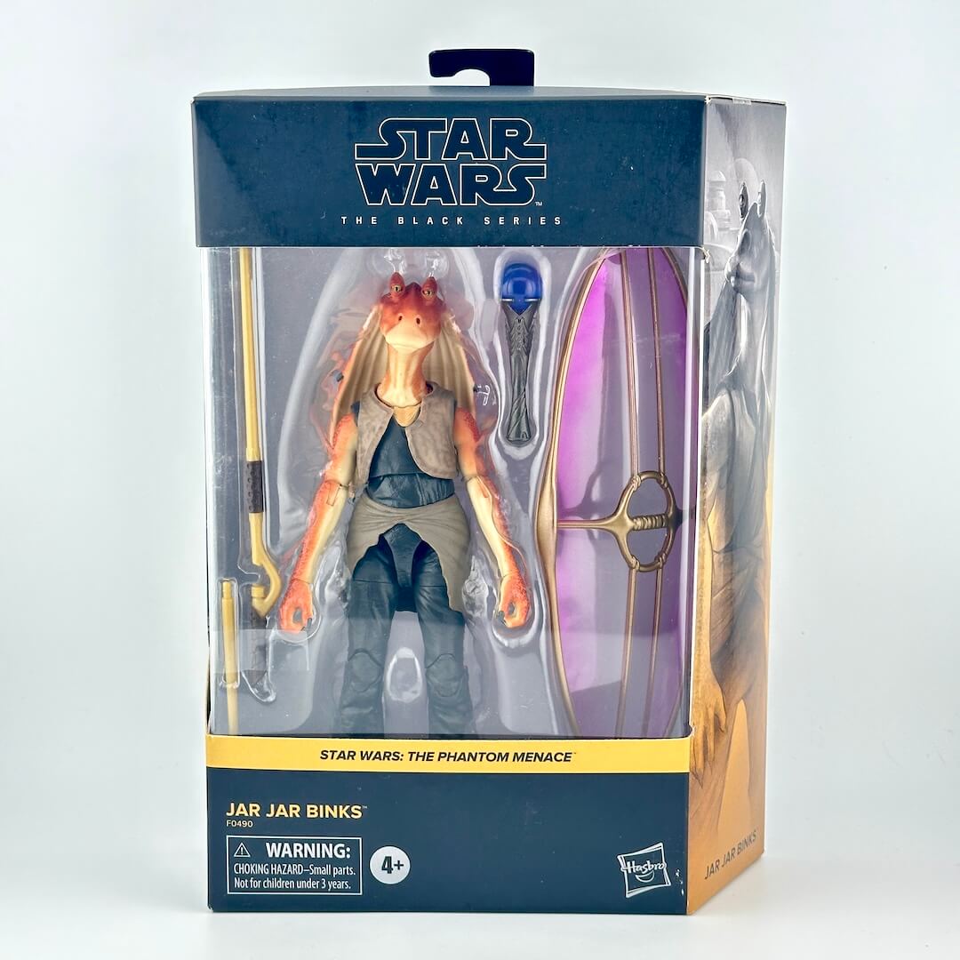Jar Jar Binks action figure in its original window box packaging, featuring the figure with orange skin. 
