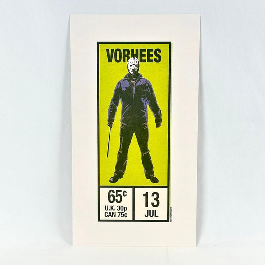 A graphic illustration of a person in a dark jacket and mask on a bright yellow background, with the text 'VORHEES.'