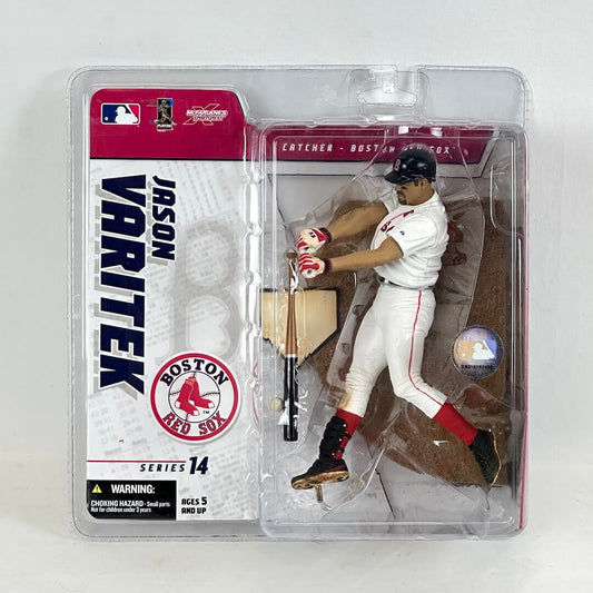 Baseball player action figure in packaging with Boston Red Sox branding