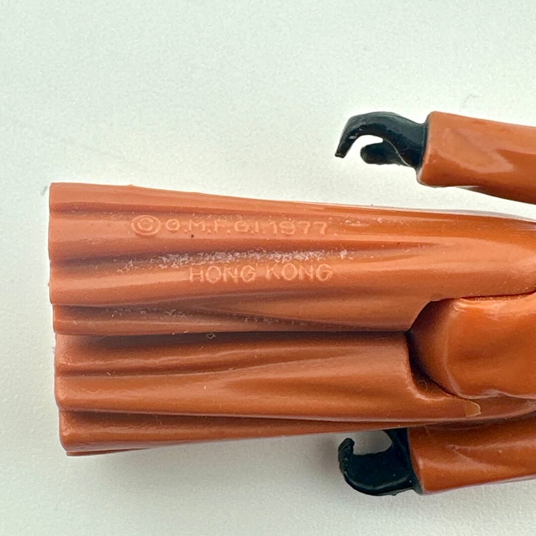 Close-up of back of figure's legs to show COO and copyright information. 