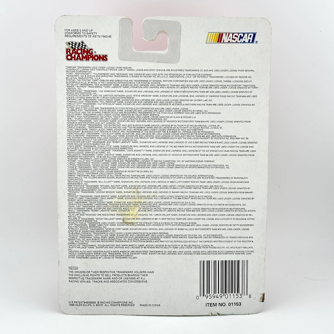 Back of a Racing Champions NASCAR toy car packaging with text and branding.