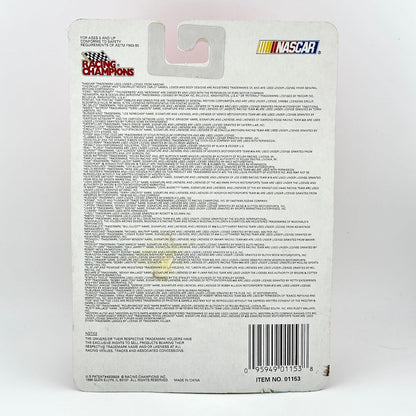 Back of a Racing Champions NASCAR toy car packaging with text and branding.