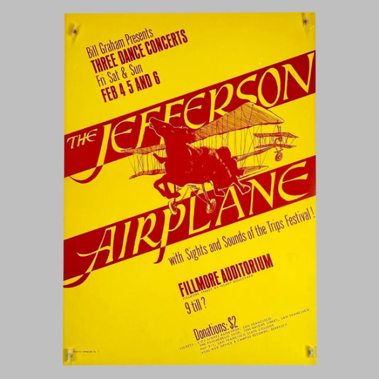 Yellow poster with red ink advertising 3 night concert with Jefferson Airplane banner with horse/airplane image at center.