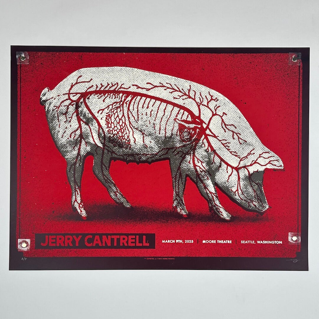 Poster with a pig skeleton illustration on a red background, featuring Jerry Cantrell's name and event details.
