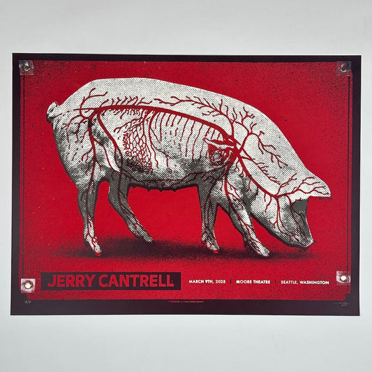 Poster with a pig skeleton illustration on a red background, featuring Jerry Cantrell's name and event details.